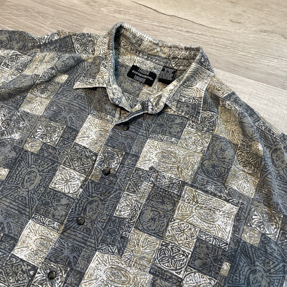 VTg Geometric Button Shirt XL cotton Green Short Sleeve Expressions 90s Abstract